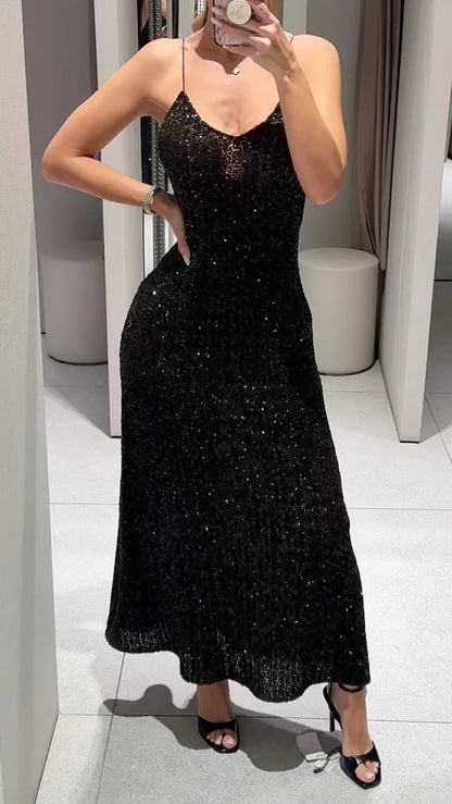 Vestido slip para menina com decote em V, lantejoulas e cintura marcada