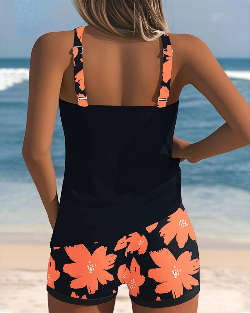 Tankini sem mangas estampado em forma de U