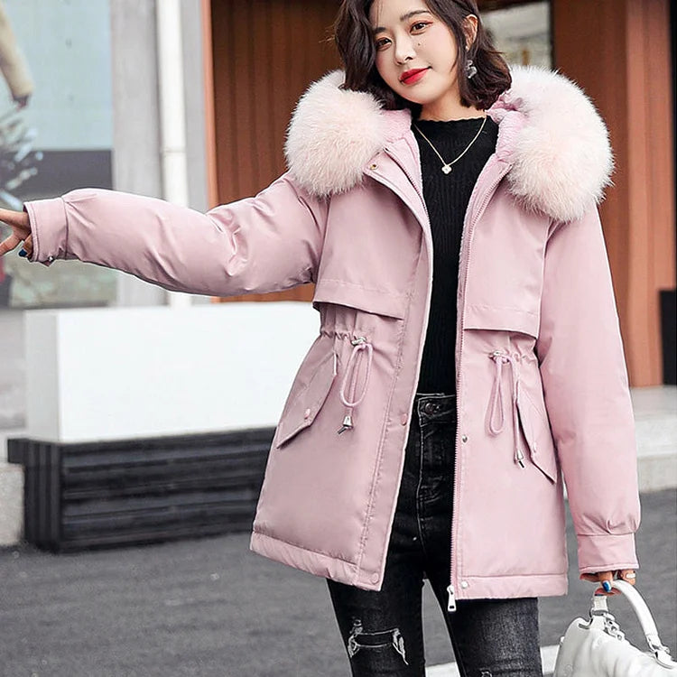 Parka de inverno para mulher, solta, com capuz, de lã sintética e espessada 🧥
