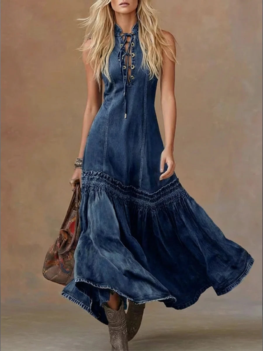 Vestido casual de ganga para mulher sem mangas