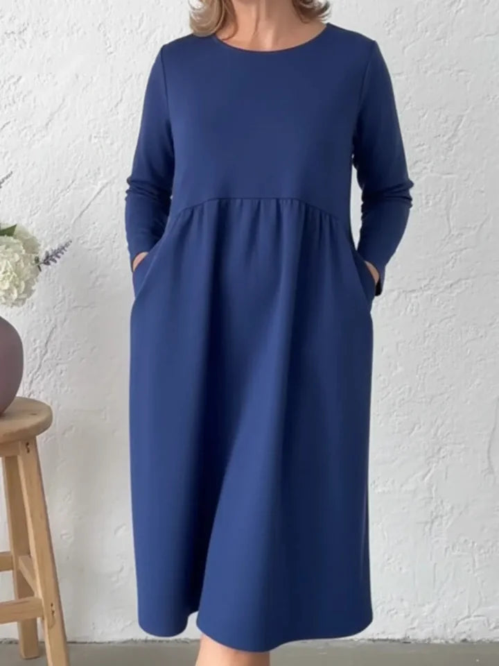 👗Vestido midi largo para mulher com decote redondo e bolsos – conforto sem esforço e elegância para o dia a dia✨