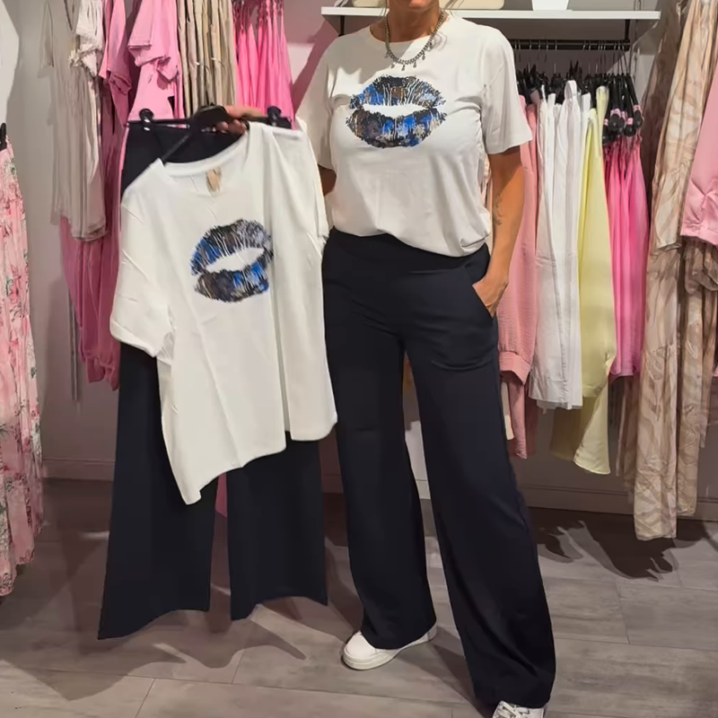 Conjunto de duas peças para menina com estampado, blusa e calça
