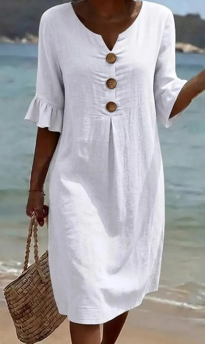 Vestido de senhora em algodão e linho, modelo 2026