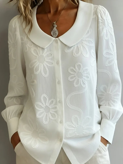 Camisola retro de gola redonda com bordado floral
