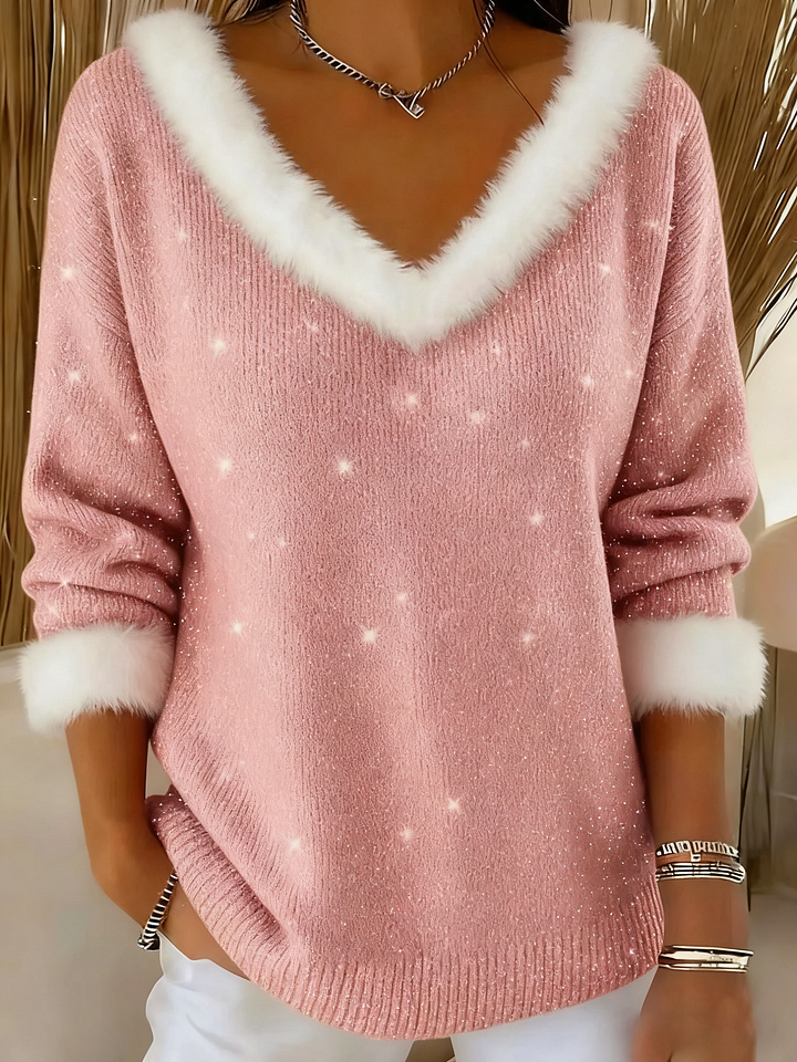 Camisola de Natal para mulher com decote em V e pele de coelho