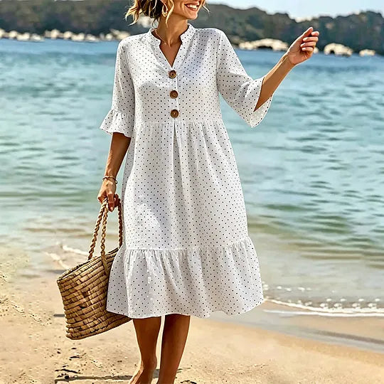 🔥Vestido de algodão para mulher com estampado de bolinhas e folhos nos punhos