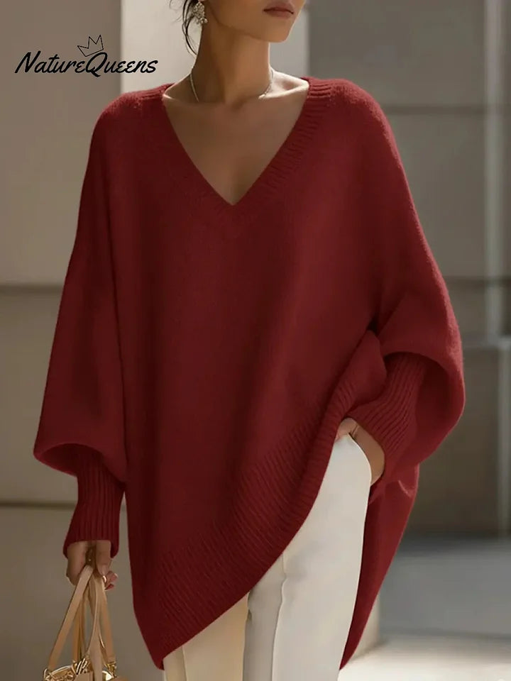 Camisola de malha de manga comprida com decote em V, cor sólida, corte casual e largo