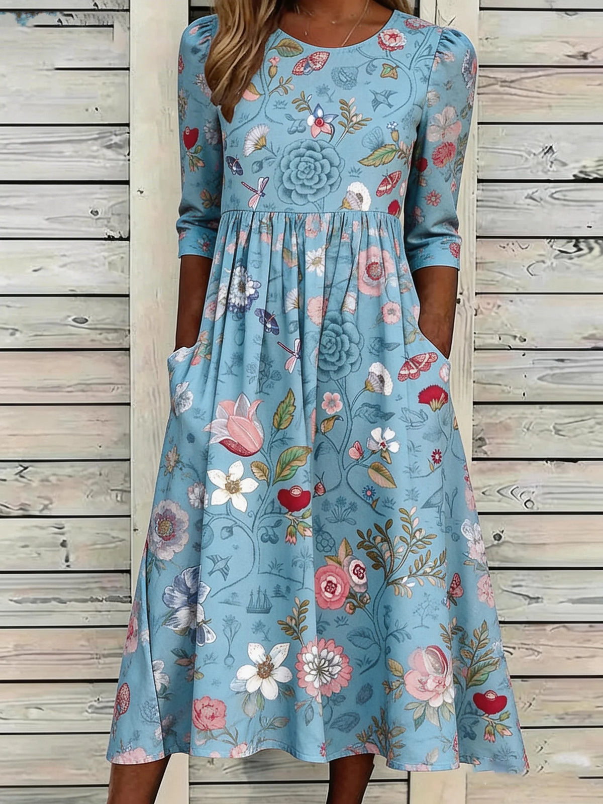 Vestido casual floral de algodão para mulher