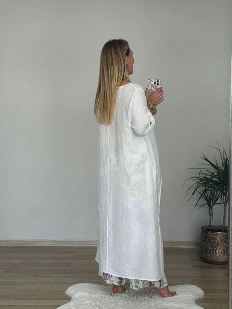 Fato casual de algodão e linho com blusa irregular e calças largas