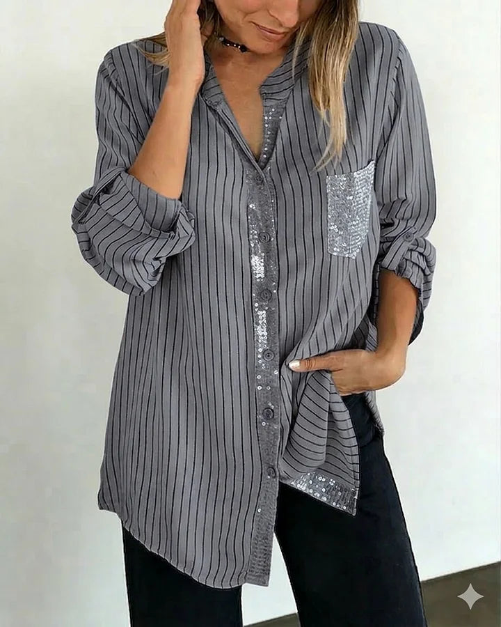 Camisa de senhora às riscas com lantejoulas