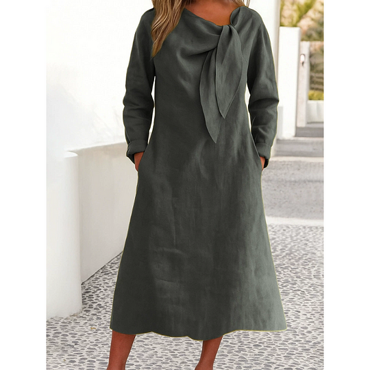 Vestido de cor sólida com decote redondo e manga comprida