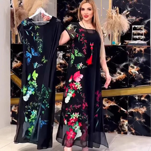 Novo vestido midi de chiffon com estampado de borboletas e manga curta