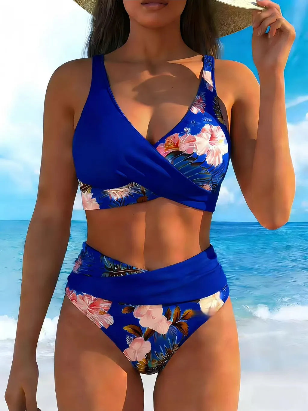Conjunto de biquíni de cintura alta para mulher com estampado floral
