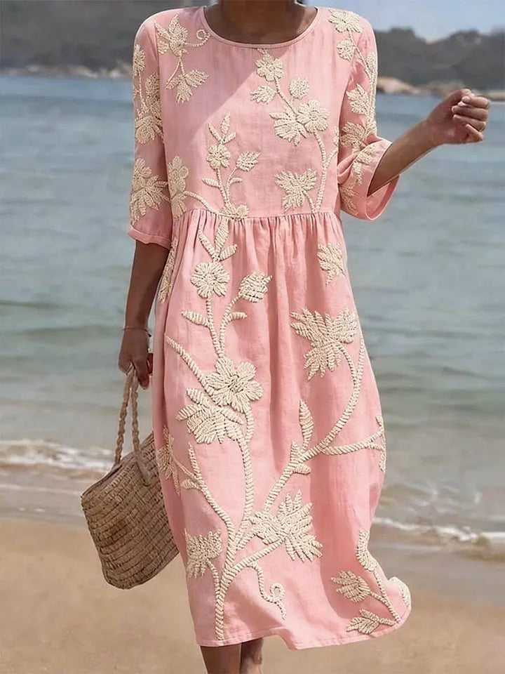 Vestido Midi Fluido com Bordado Floral – Coleção Vintage Elegante