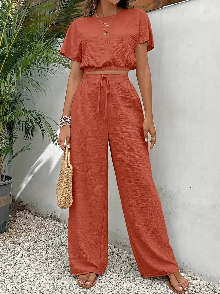 🍃Conjunto de duas peças para mulher com mangas curtas e calças direitas e largas