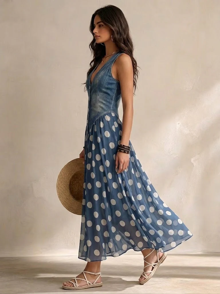 Vestido de patchwork em poá e ganga
