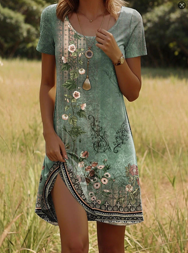 Vestido estampado com gola redonda e manga curta