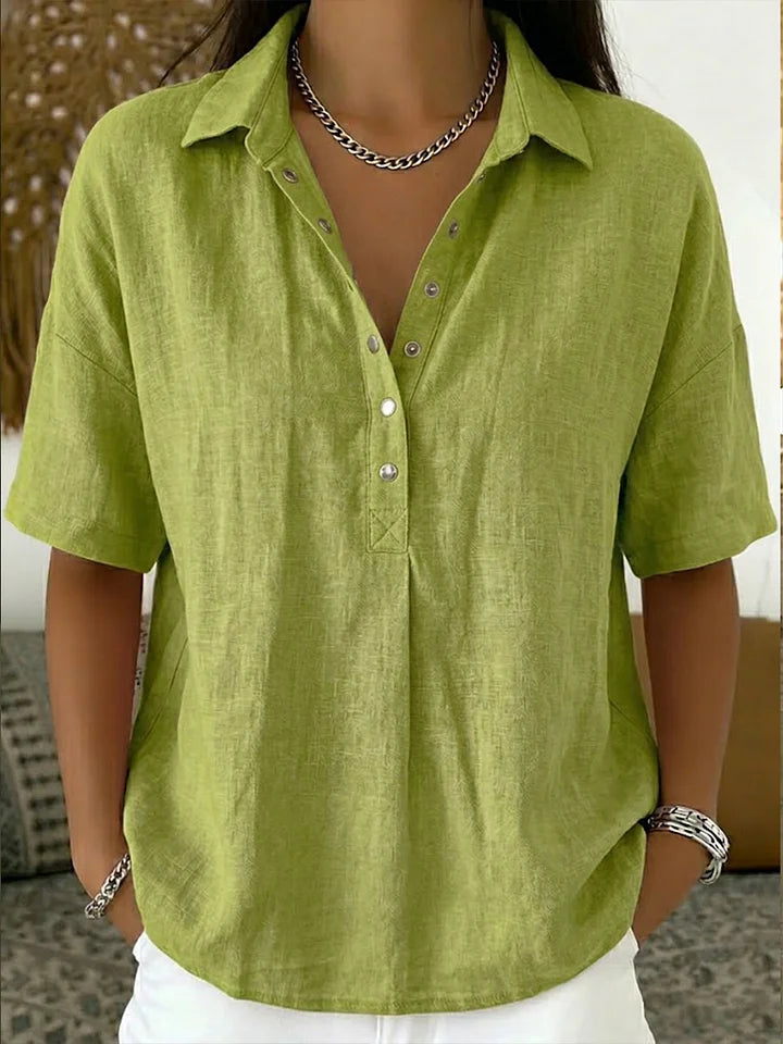 Camisa casual de manga curta em mistura de linho e algodão.