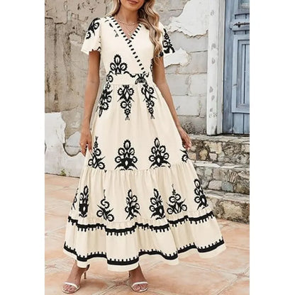 Vestido comprido casual estilo boho com decote em V