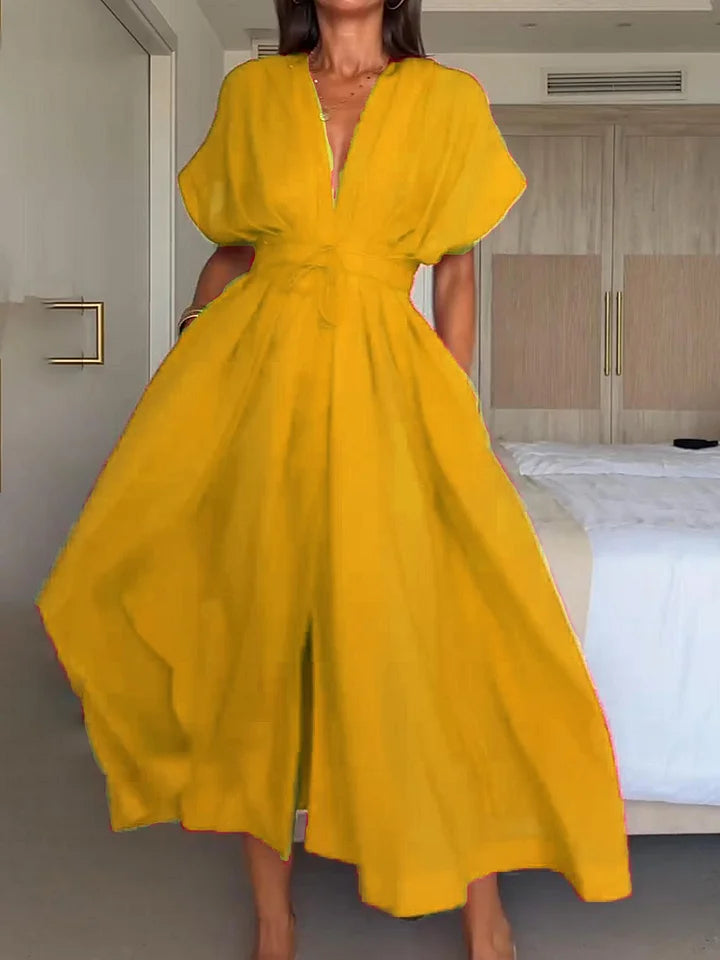 Vestido midi para mulher com decote em V e detalhe de atilhos