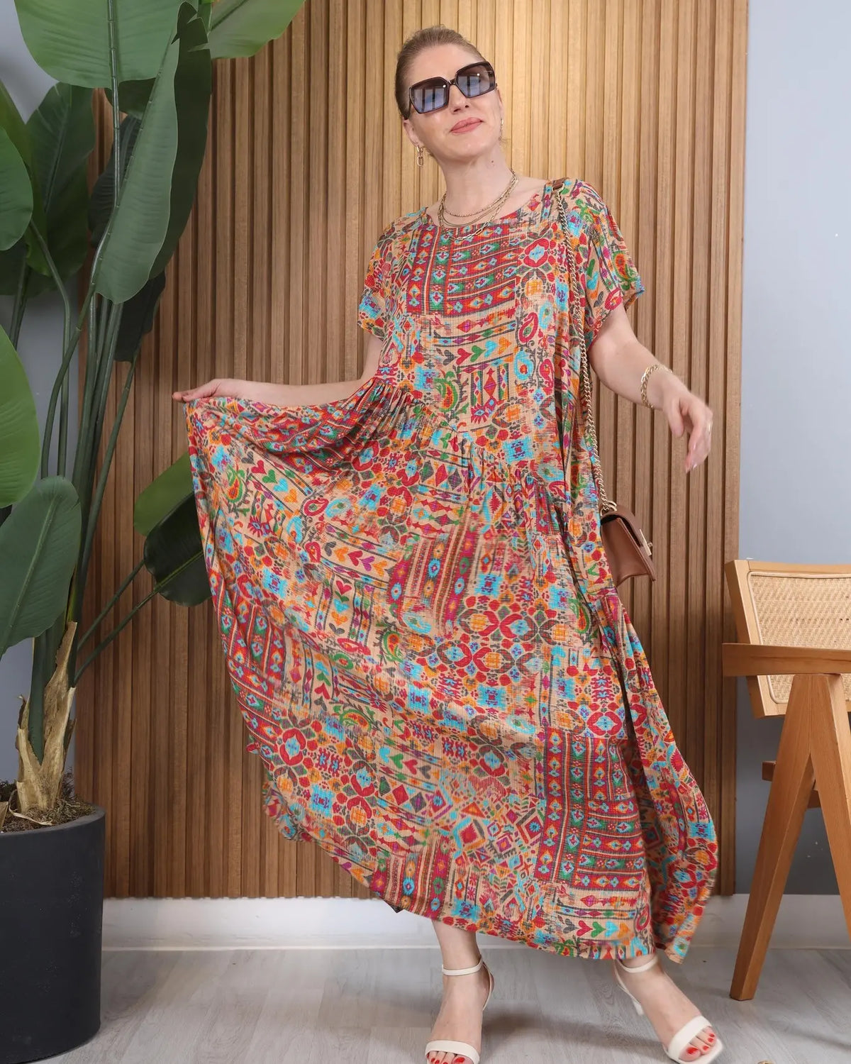 Vestido étnico assimétrico de manga curta [S-5XL]