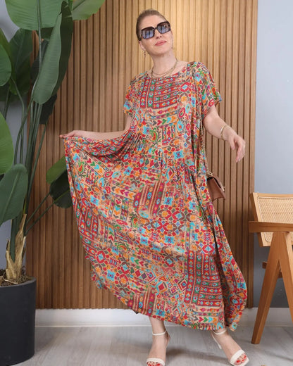 Vestido étnico assimétrico de manga curta [S-5XL]