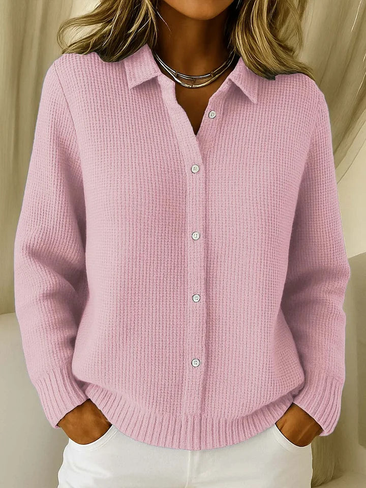 Cardigan de manga comprida e lapela para mulher, cor sólida
