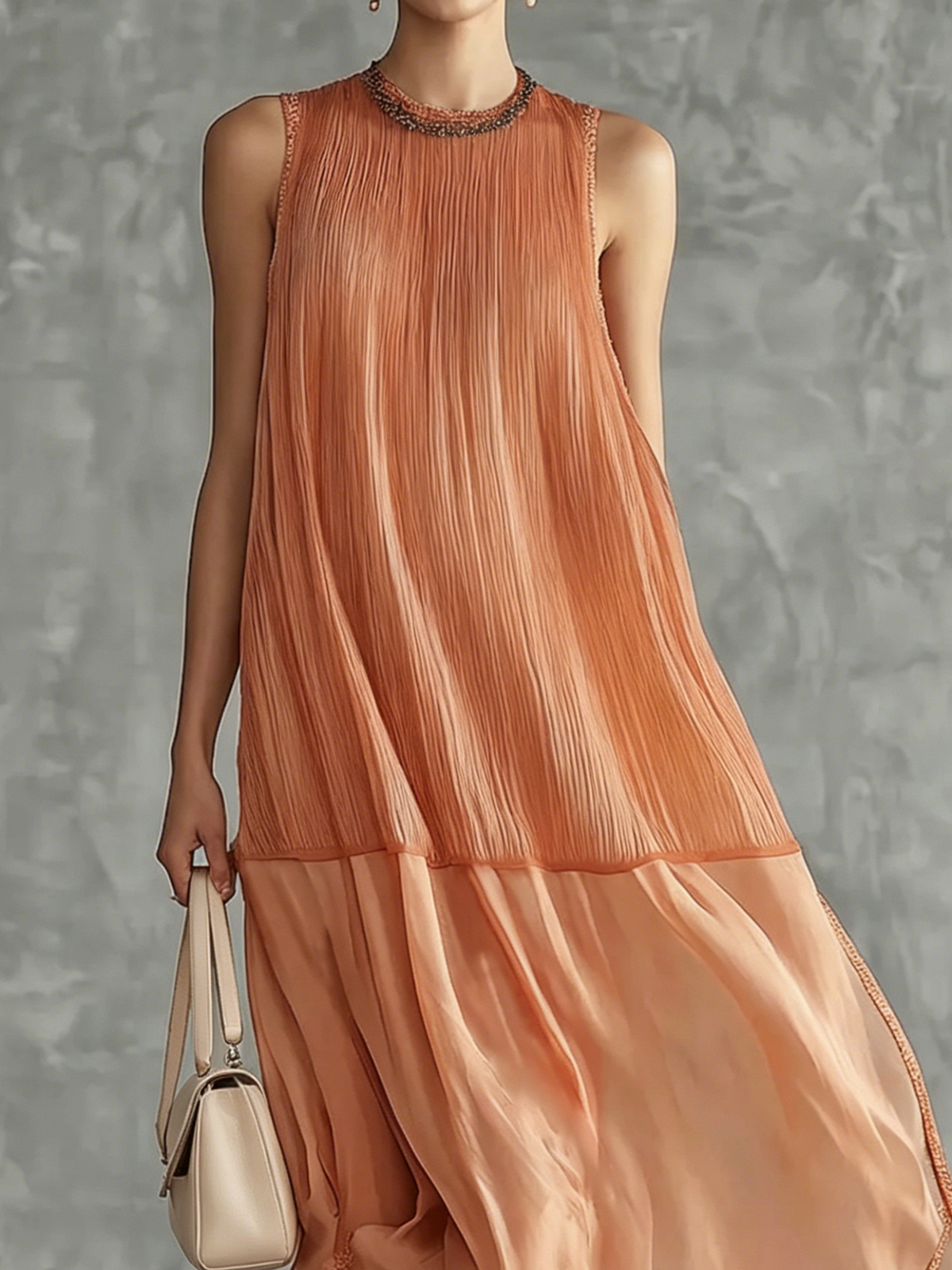 Vestido midi elegante e simples, com decote redondo e racha.