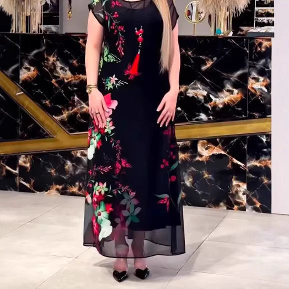 Novo vestido midi de chiffon com estampado de borboletas e manga curta