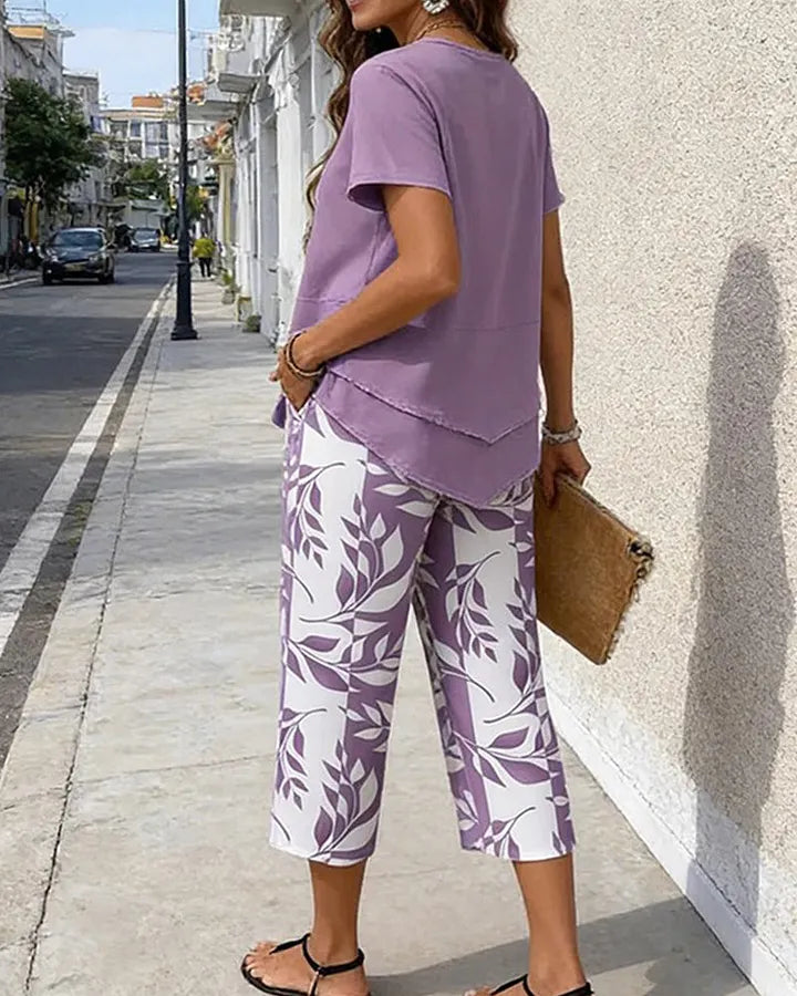 Calças Cropped e Top Estampados para Mulher – Conjunto Casual de Duas Peças