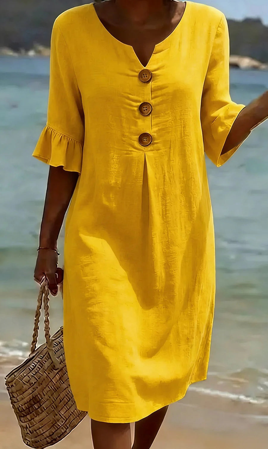 Vestido de senhora em algodão e linho, modelo 2026