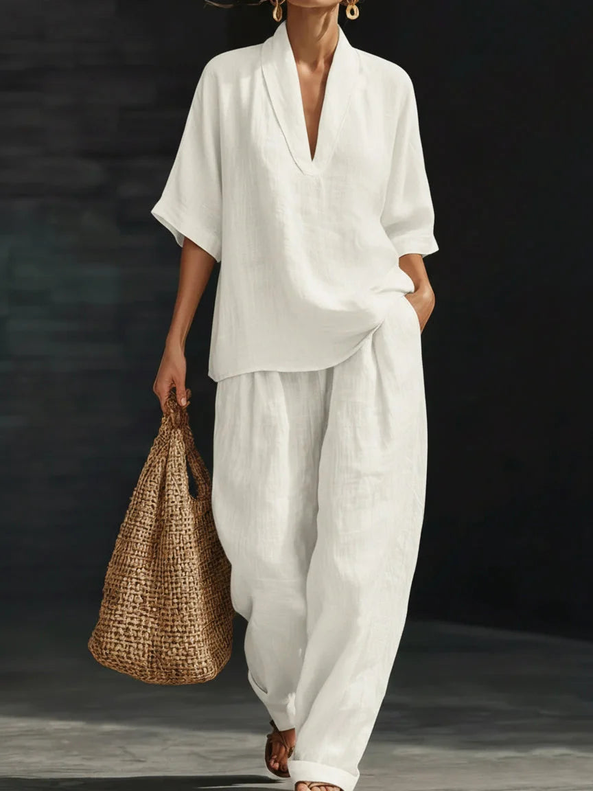 Conjunto de senhora em linho de duas peças, casual e confortável.