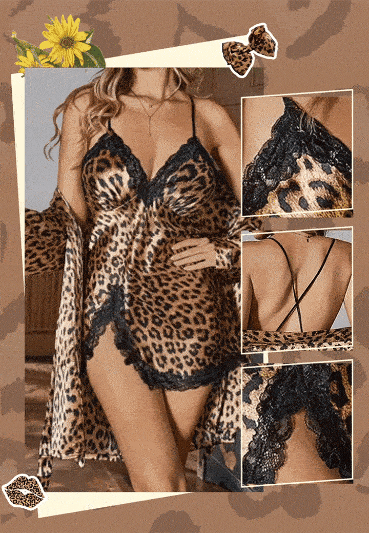Conjunto de pijama sexy de duas peças com padrão leopardo