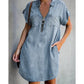 Vestido-camisa de ganga para menina de corte solto – vestido com gola, bolsos e fecho de correr.