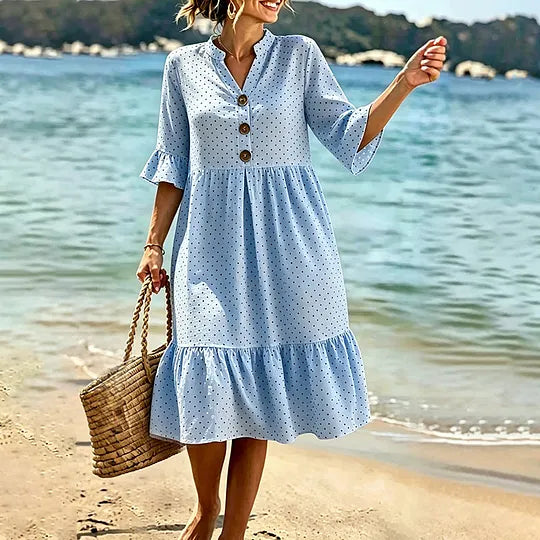 🔥Vestido de algodão para mulher com estampado de bolinhas e folhos nos punhos