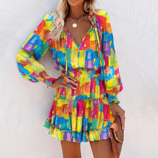⏳Por tempo limitado, 50% de desconto⏰Vestido curto para mulher com decote em V, manga comprida e bainha com folhos👗