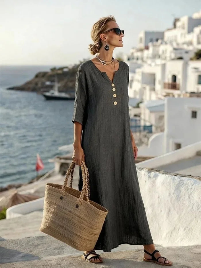 💗【Tamanhos S-3XL】👗Vestido de senhora em algodão e linho com mangas abalonadas e botões