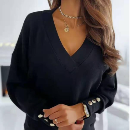 Blusa de mulher elegante com botões e decote em V