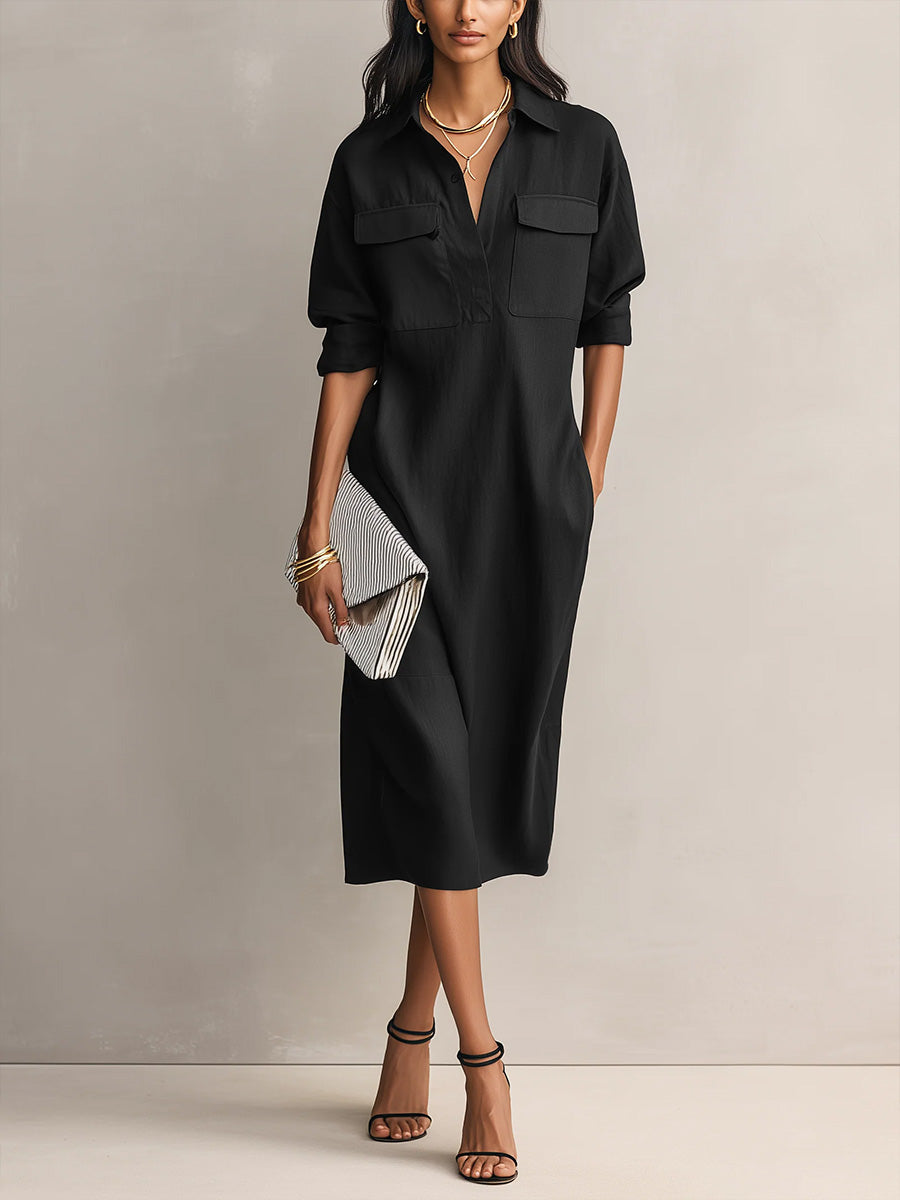 Vestido casual em algodão e linho, de cor sólida, manga comprida e corte largo