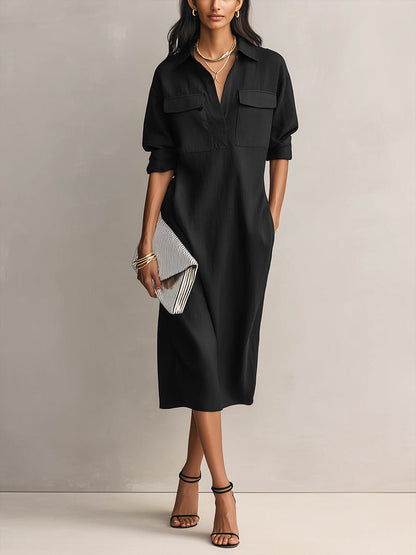 Vestido casual em algodão e linho, de cor sólida, manga comprida e corte largo