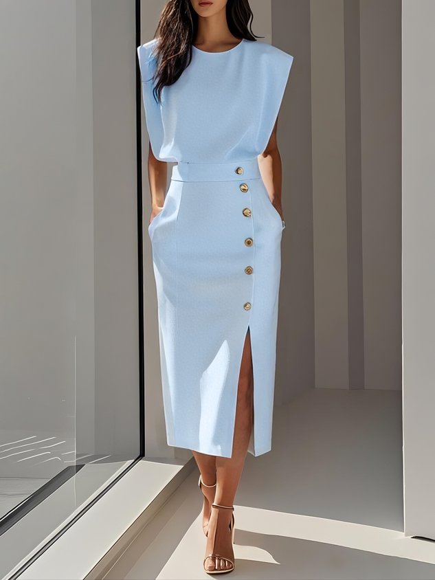 Vestido midi de cor sólida 2025