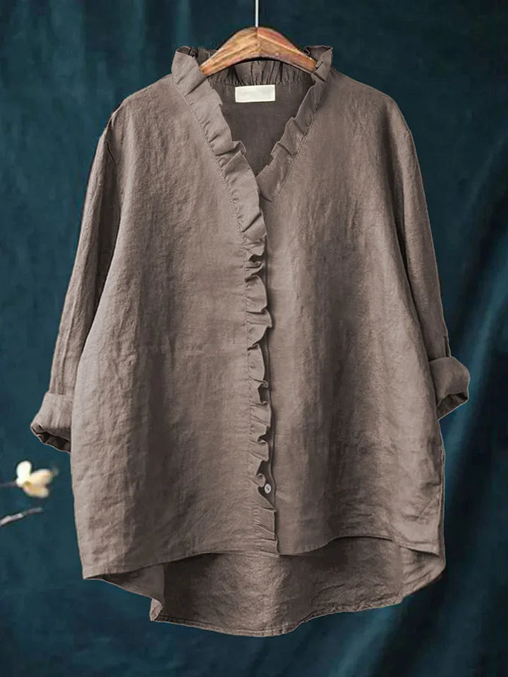 Camisa casual de mulher em algodão e linho com folhos