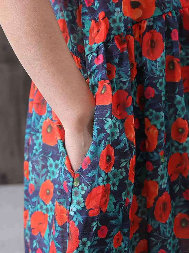 Vestido casual de mulher em algodão com estampado floral retro