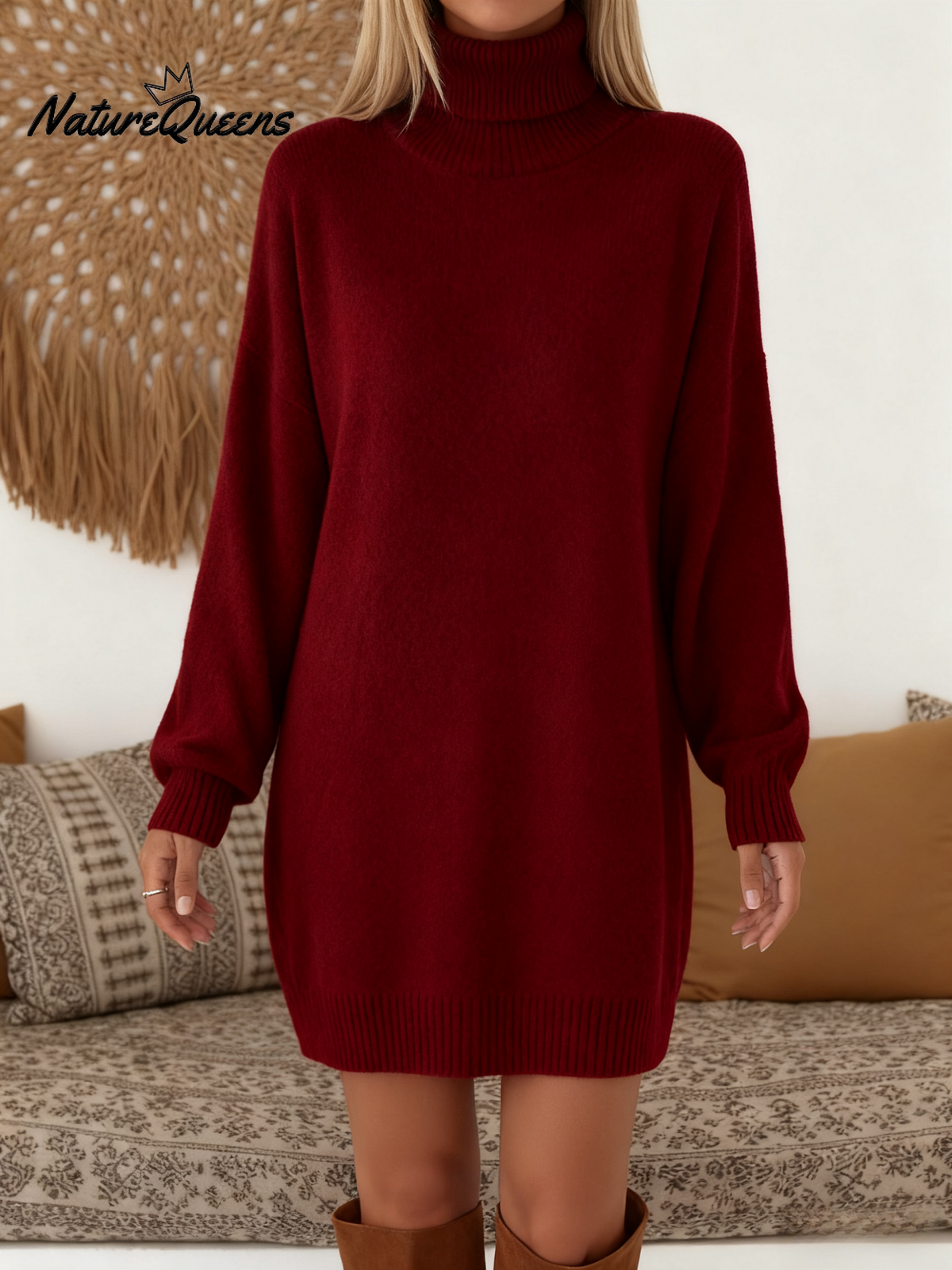 Vestido elegante e macio de malha em cor sólida com gola alta