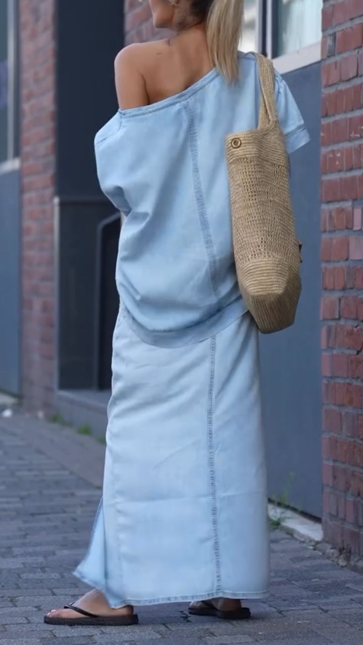Fato de ganga Tencel casual para mulher com gola redonda