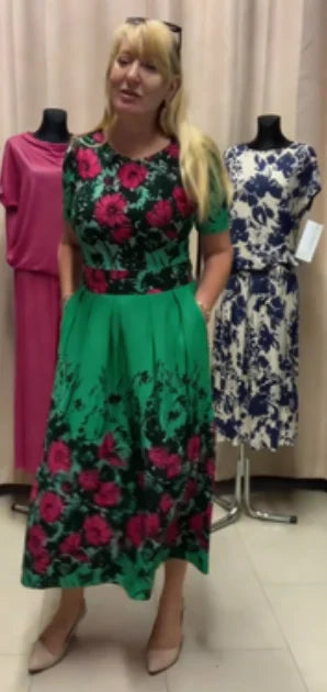 🔥Vestido midi de senhora estampado de manga curta e gola redonda