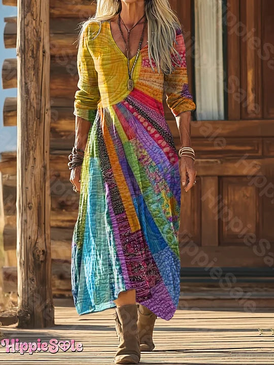Vestido boémio de algodão para mulher com estampado de sol em patchwork multicolorido e bolsos.