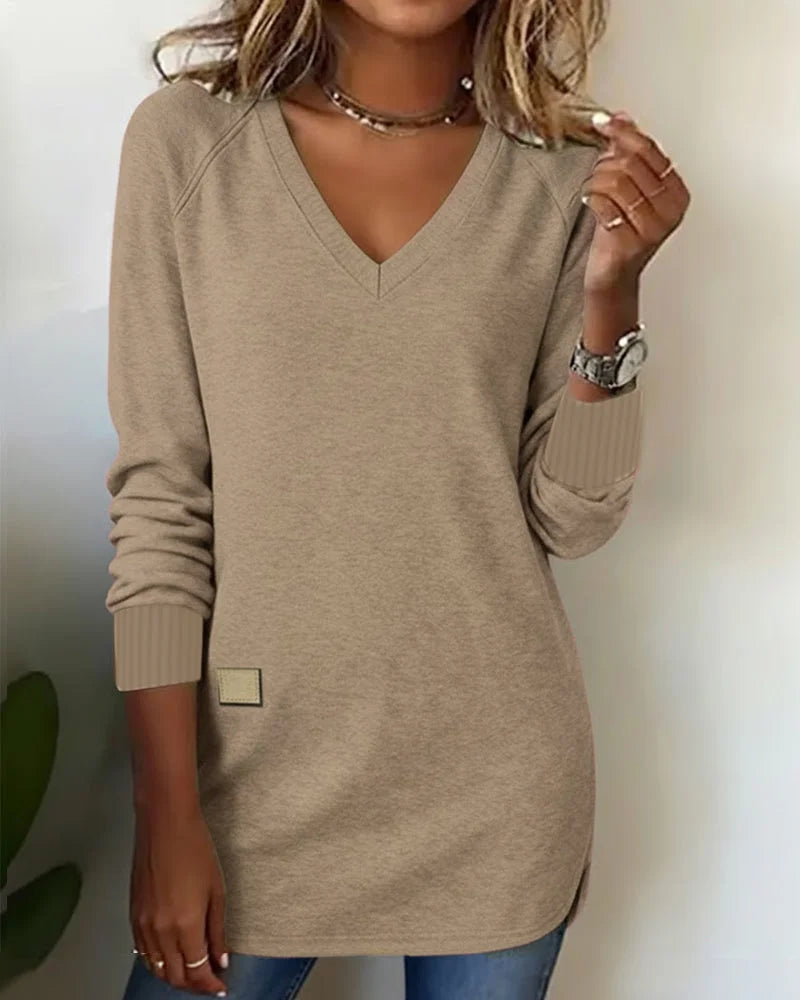 "Primavera e Outono - Fácil de Vestir": Sweatshirt com decote em V, elegante e confortável