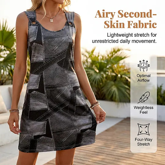 Vestido de menina sem mangas com estampado de efeito jeans