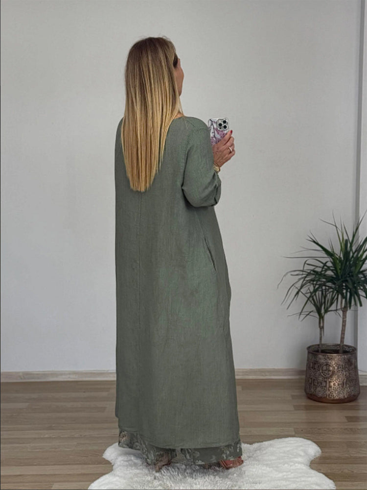 Fato casual de algodão e linho com blusa irregular e calças largas